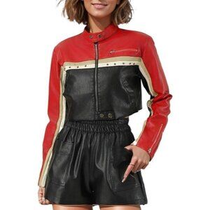 Women's PU Faux Leather Cropped Coat Casual Button Front Jacket